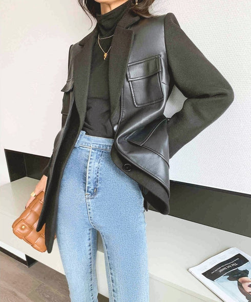 Faux Leather Panel Tailored Jacket